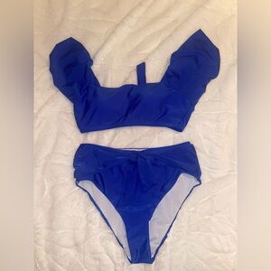 Navy Blue Puff Shoulder High Waisted Swim Set
